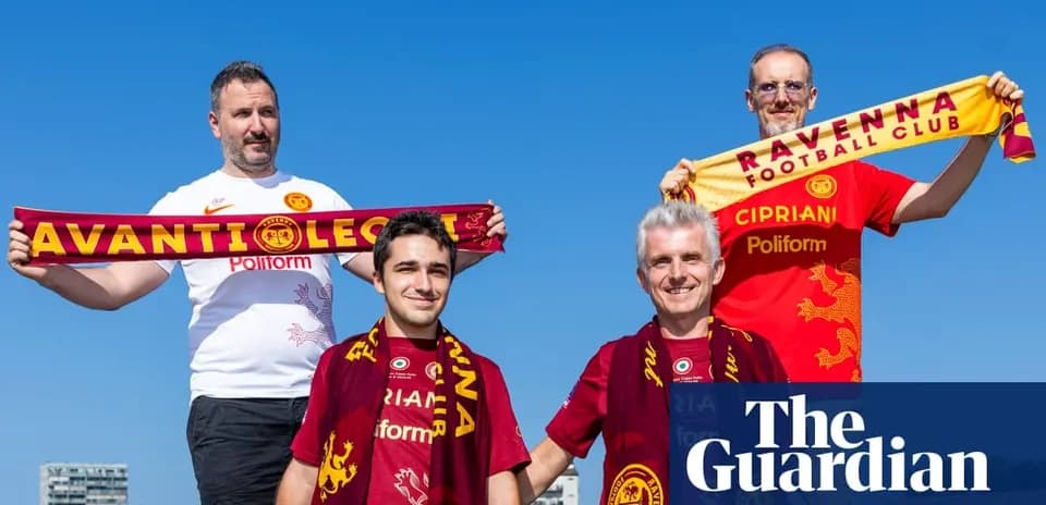 Four fans holding scarves of Ravenna Football Club