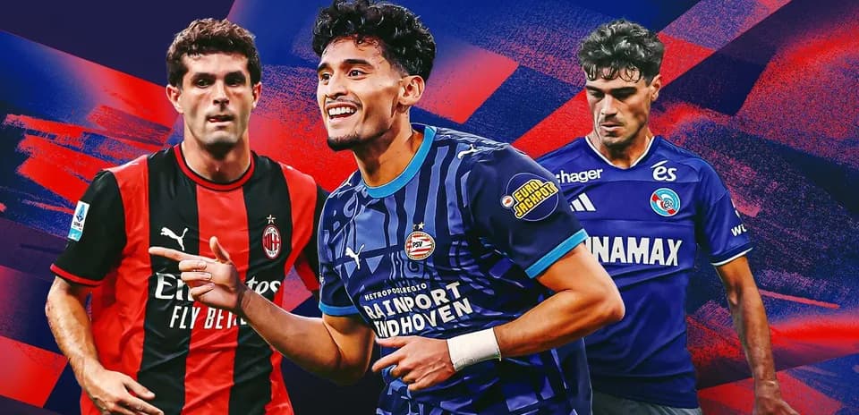 Three football players in team jerseys on colorful background