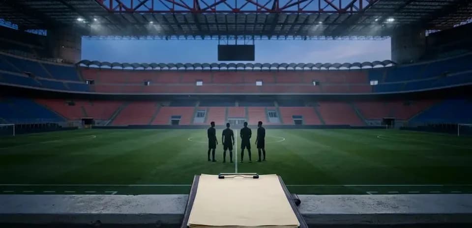 Referees discussing before match at empty stadium