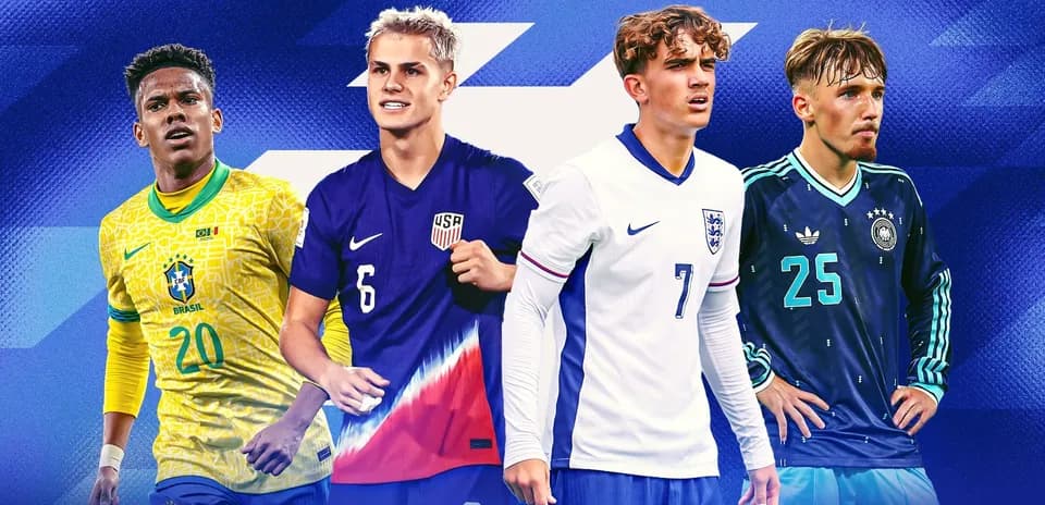 Four young soccer players representing different nations