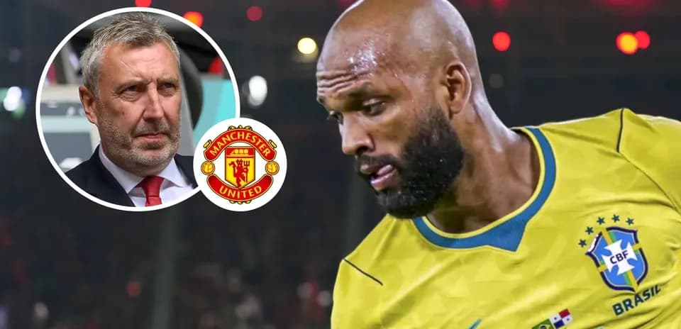 Player in Brazil jersey during match with Manchester United logo