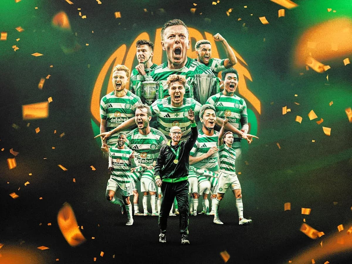 Celtic FC players celebrating with trophies and confetti