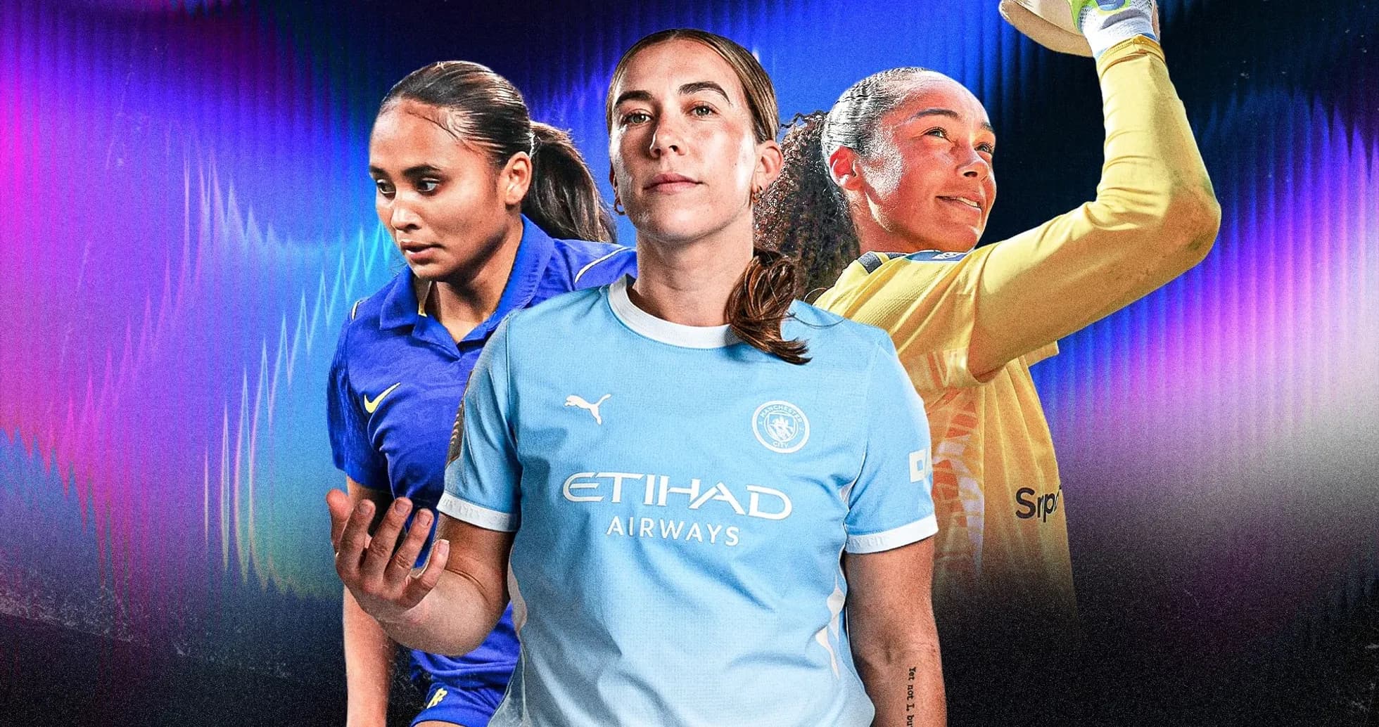 Three female football players in action poses