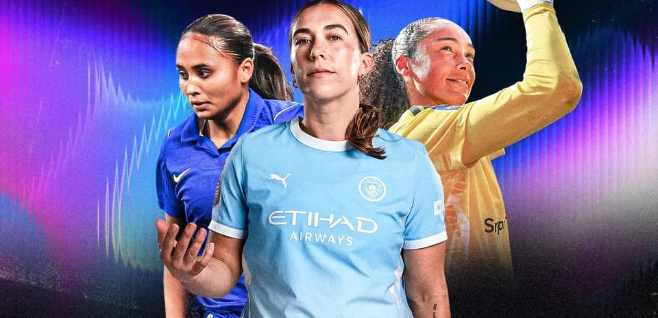 Three female football players in action poses