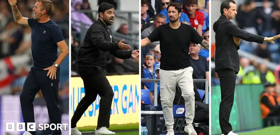 Four football managers directing their teams on the sidelines
