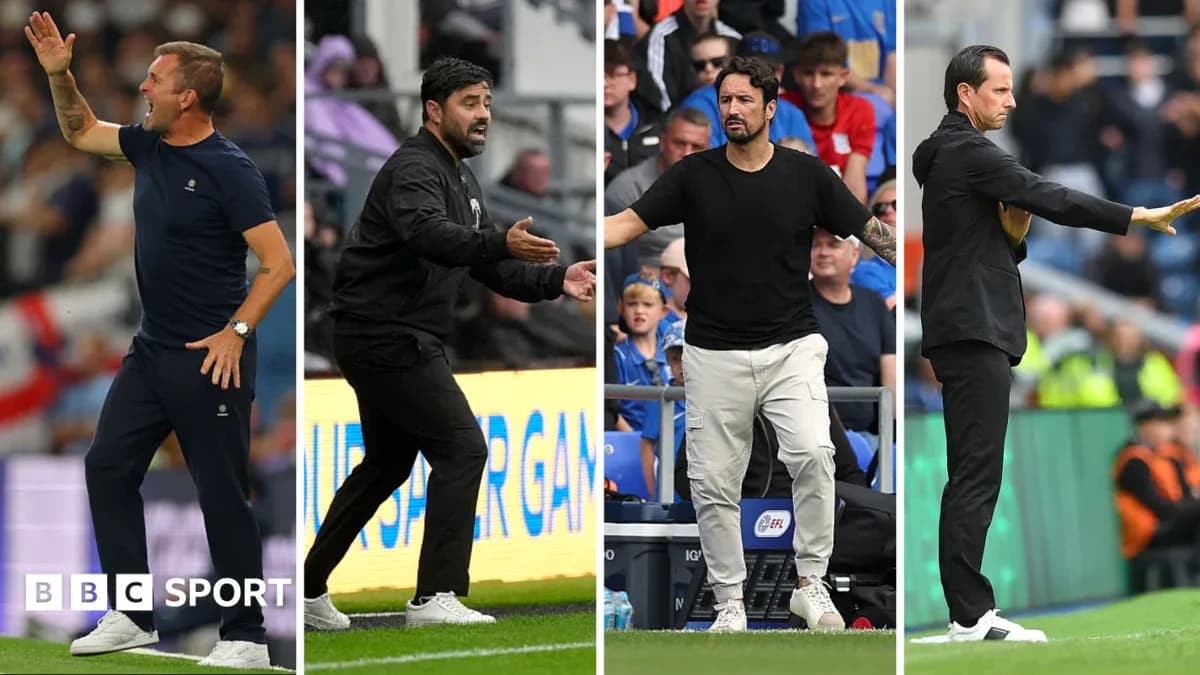 Four football managers directing their teams on the sidelines