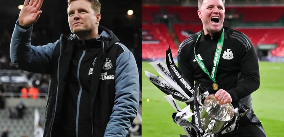 Newcastle manager celebrating victory with trophy