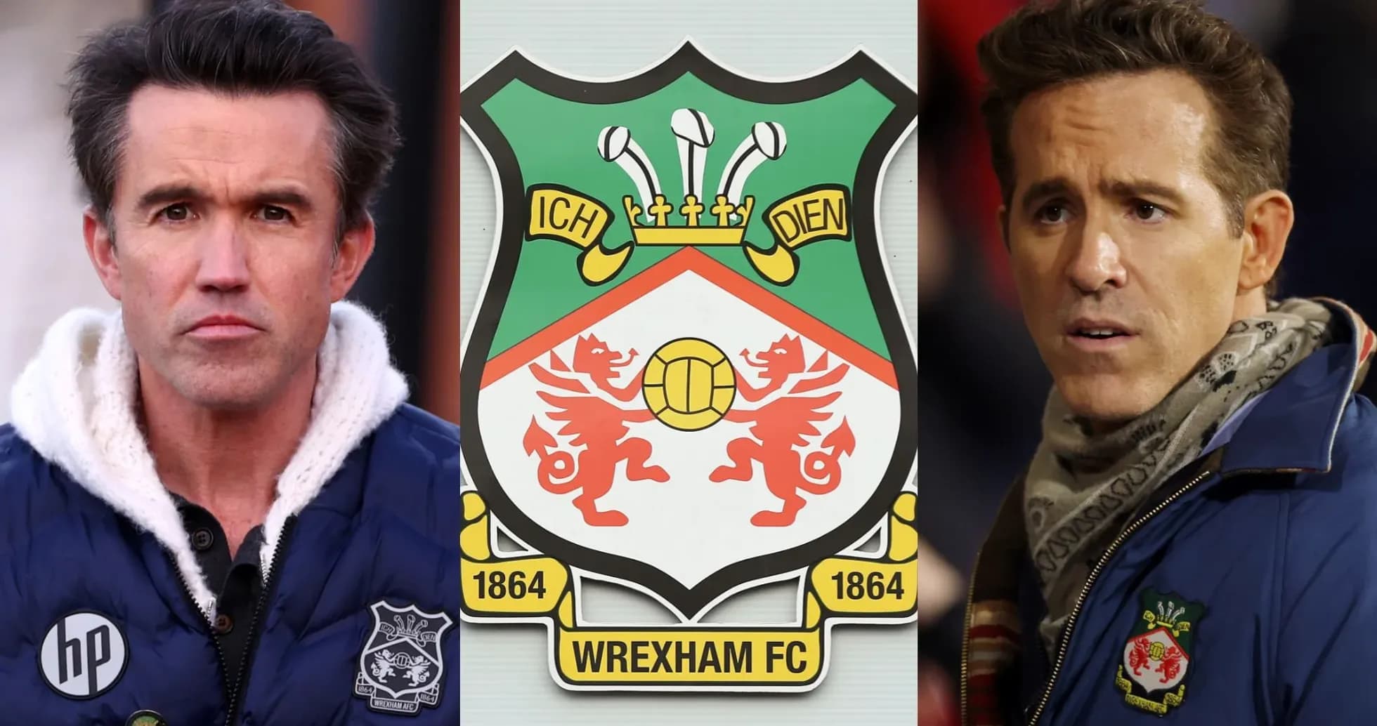 Wrexham FC logo between two men in jackets