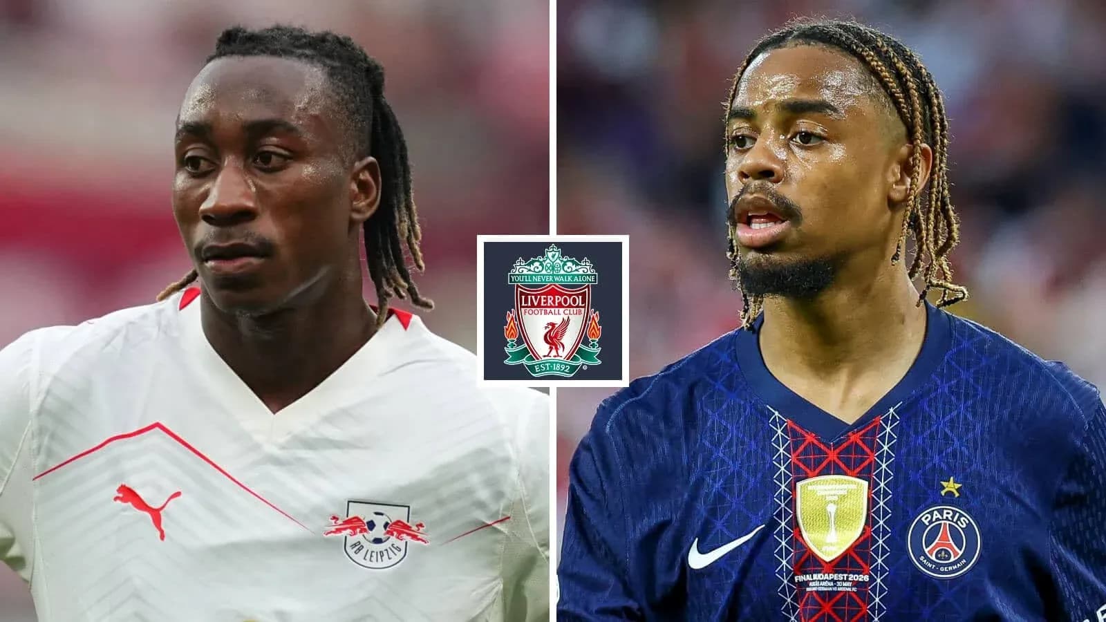 Two football players from Leipzig and PSG facing each other
