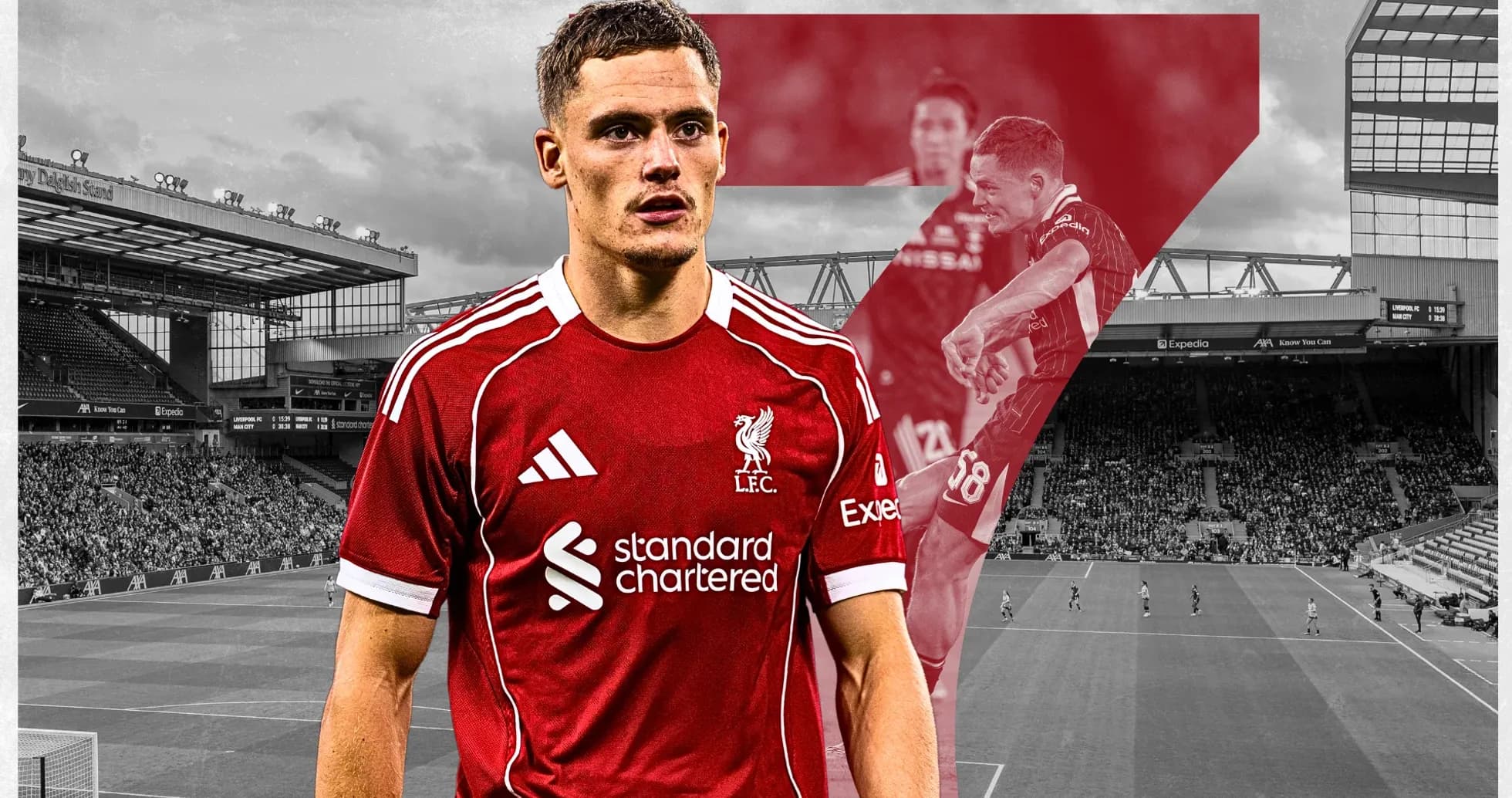 Liverpool player in home kit at Anfield stadium