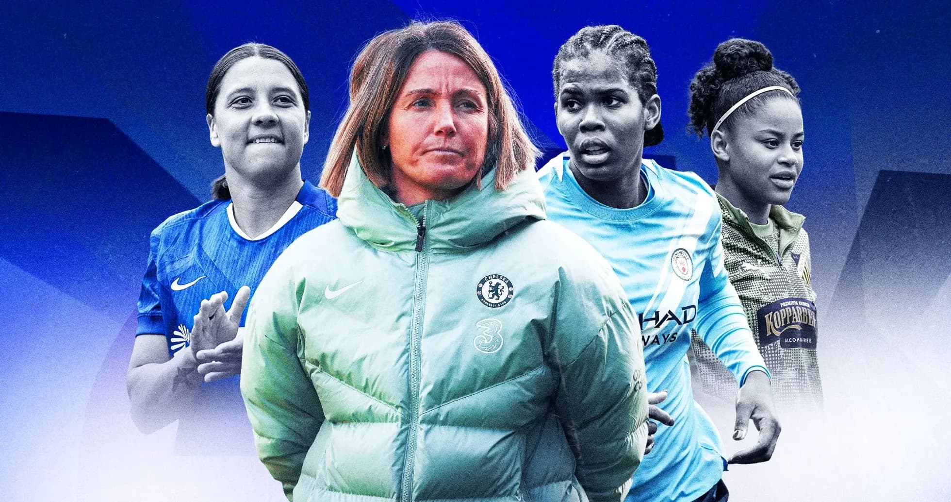 Four women's football players and a coach portrait