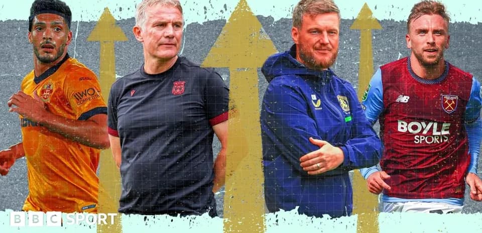 Football players and coaches in action poses