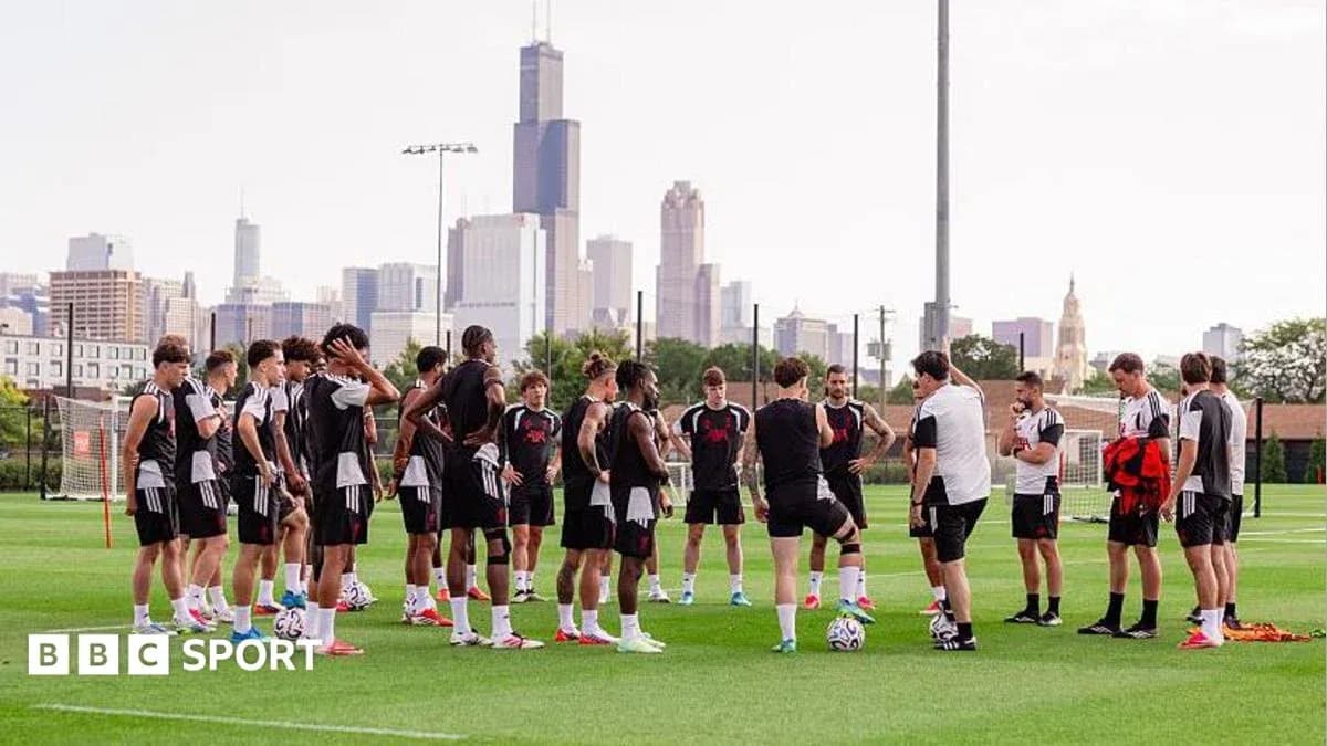 Soccer team in training session with skyline backdrop