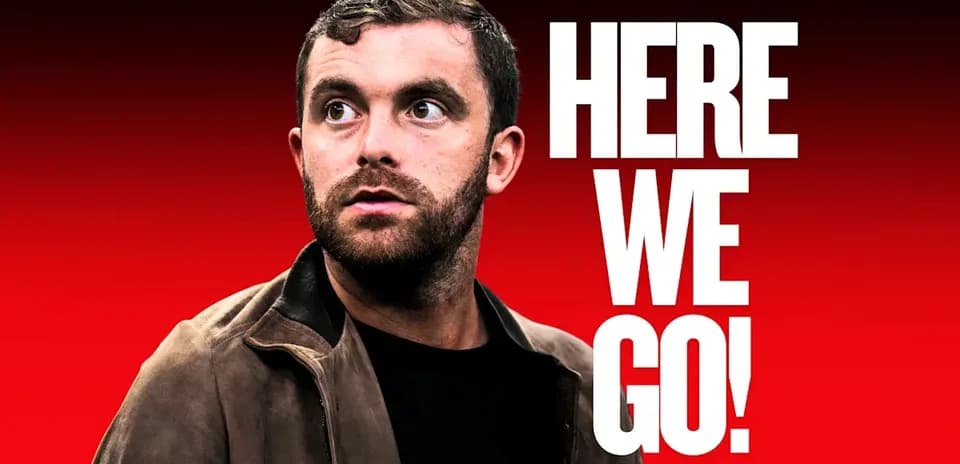 Person looking up with text 'HERE WE GO!'