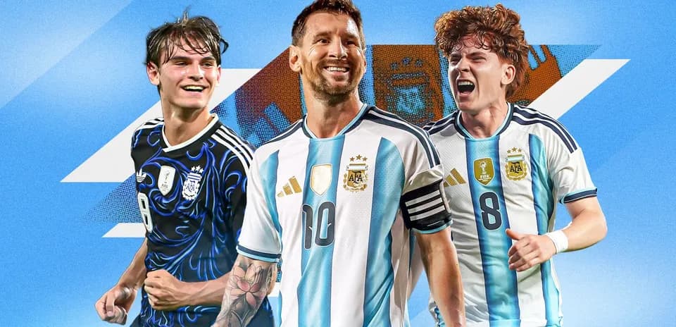 Three Argentine players celebrating with blue background