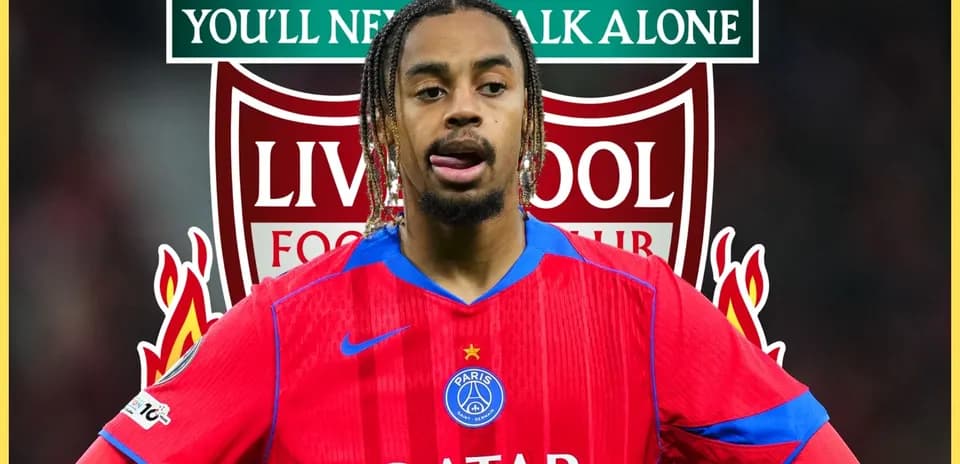Player in PSG kit with Liverpool logo background
