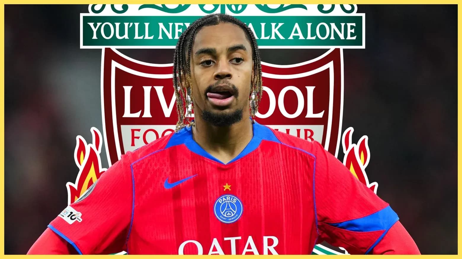 Player in PSG kit with Liverpool logo background