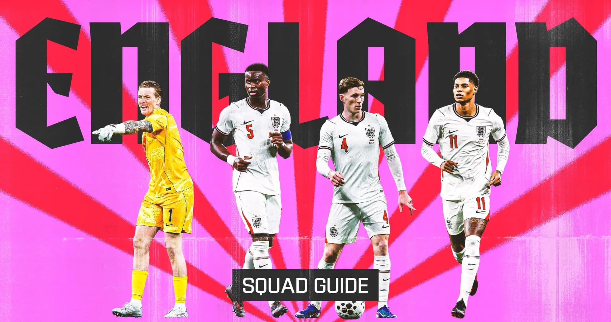 England squad members posing with vibrant background