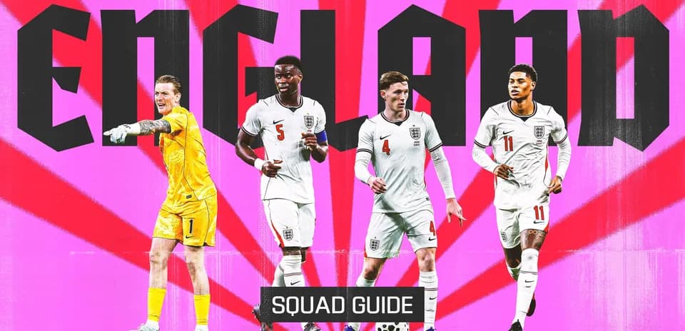 England squad members posing with vibrant background