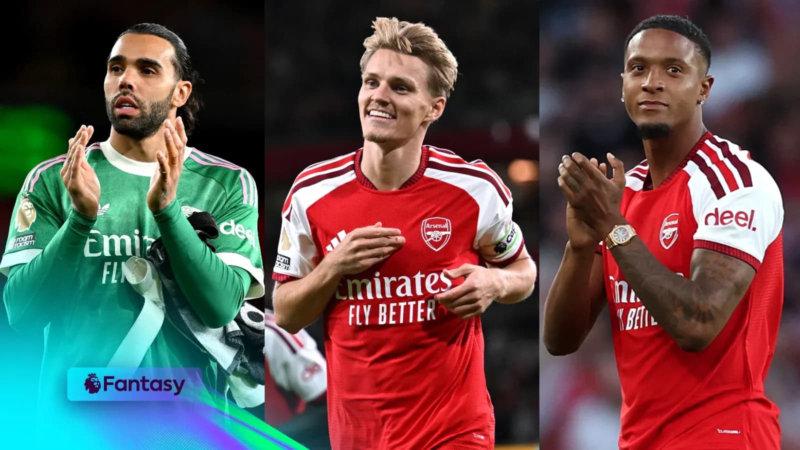 Three Arsenal players celebrating on the field