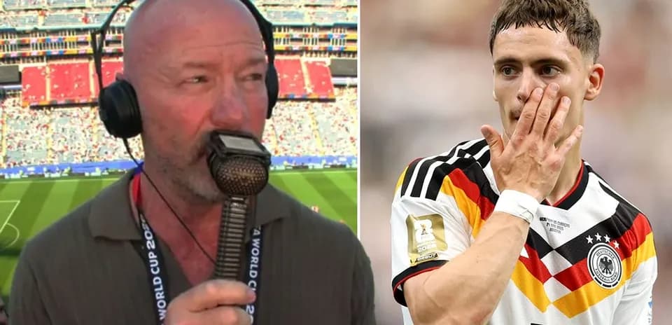 Sports commentator speaking into microphone, player in Germany jersey