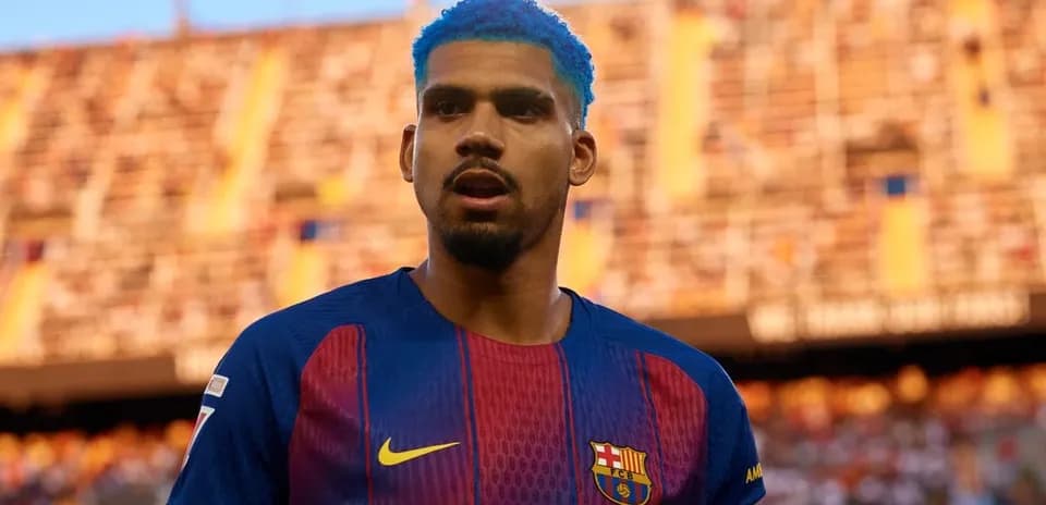 Player with blue hair in FC Barcelona jersey