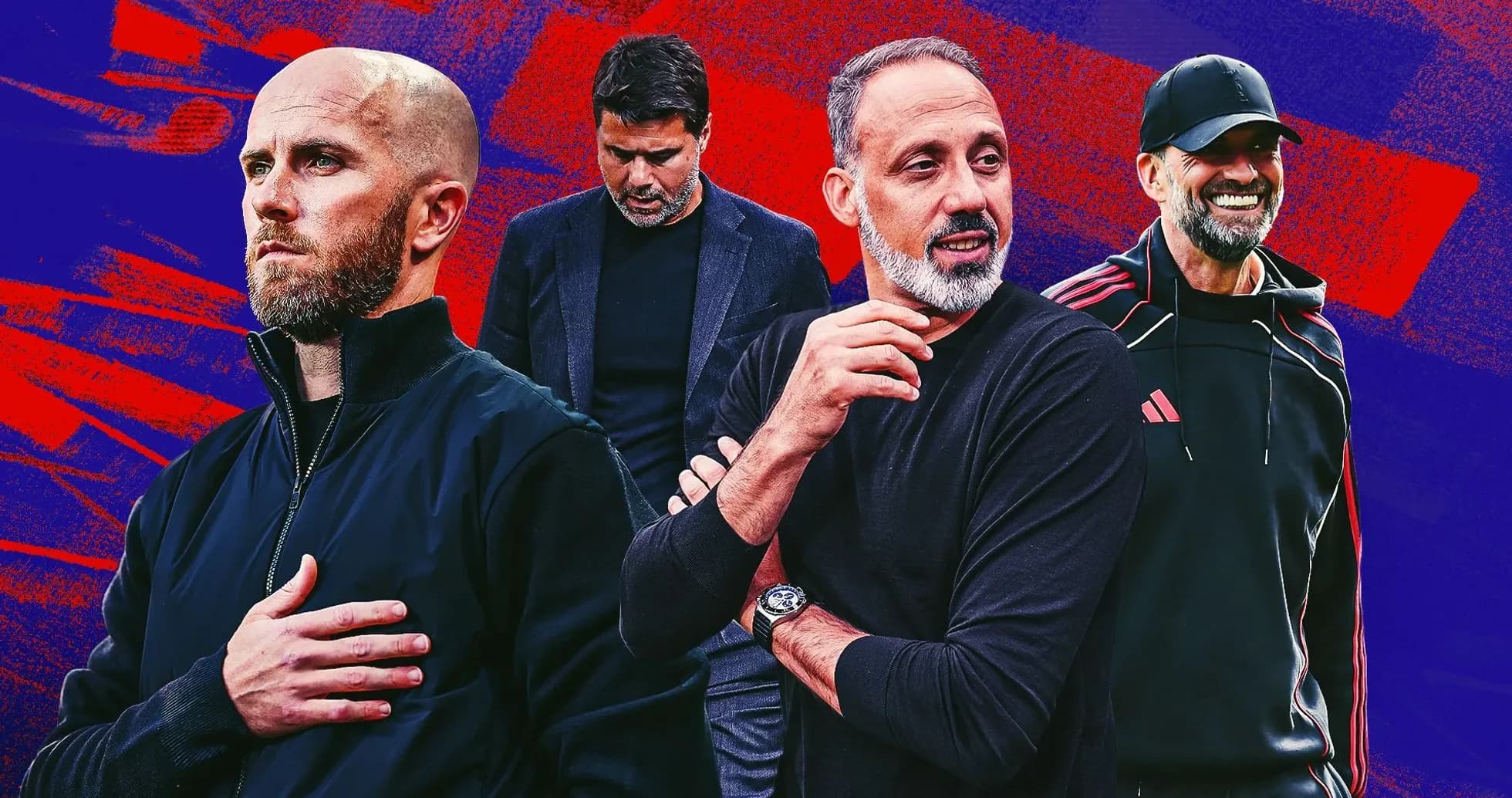 Four football managers posed against a colorful background