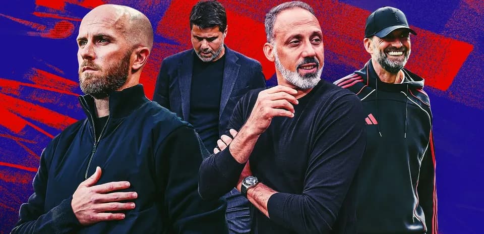 Four football managers posed against a colorful background