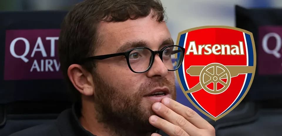 Man with glasses thinking, Arsenal logo in background