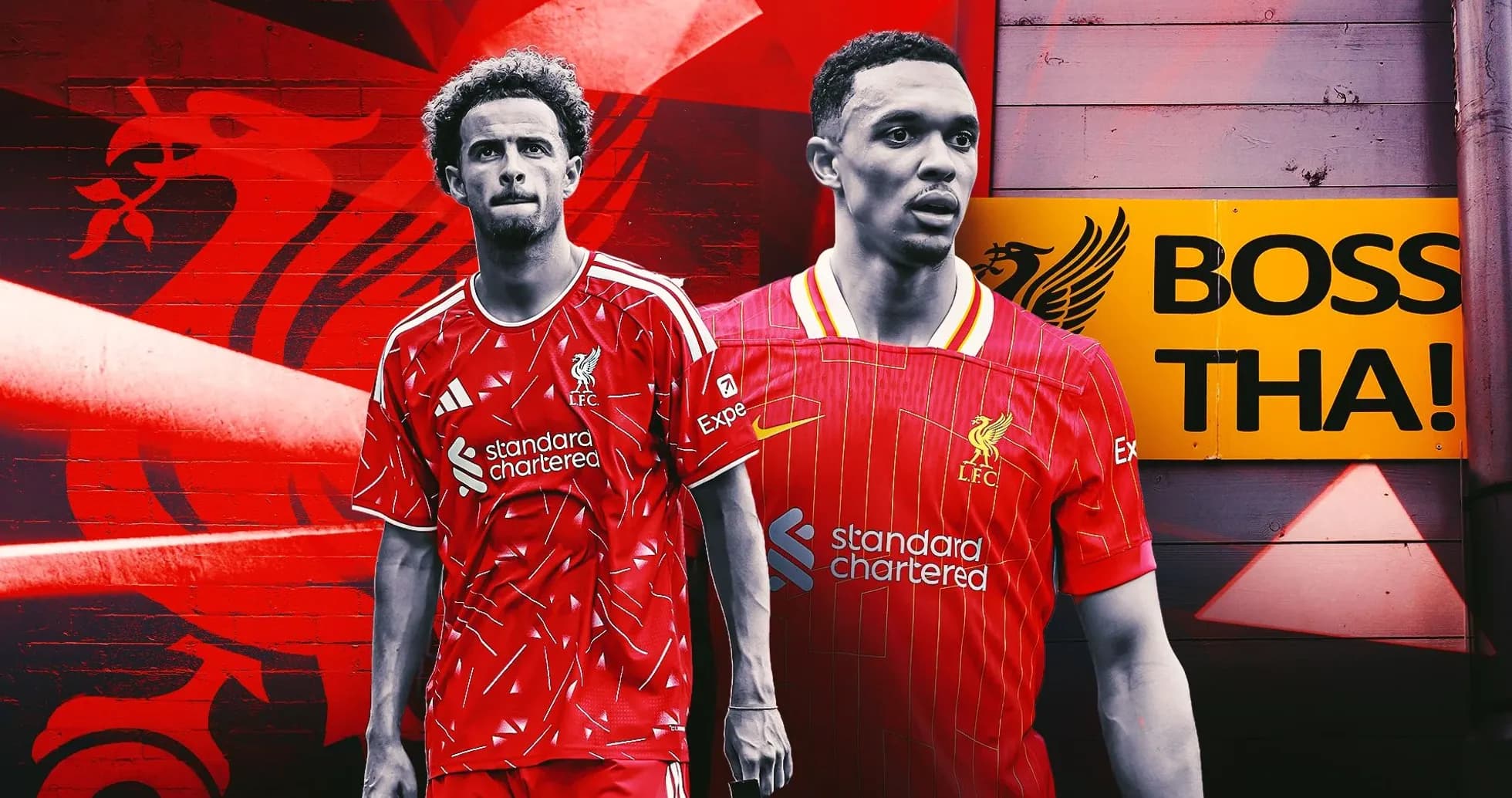 Two Liverpool players in red kits with graffiti background