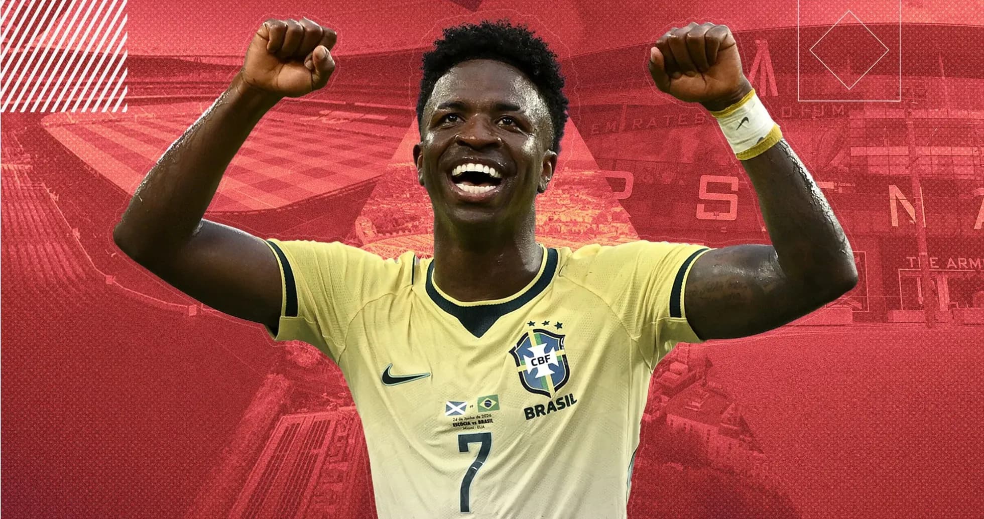 Player celebrating with raised fists in Brazil jersey