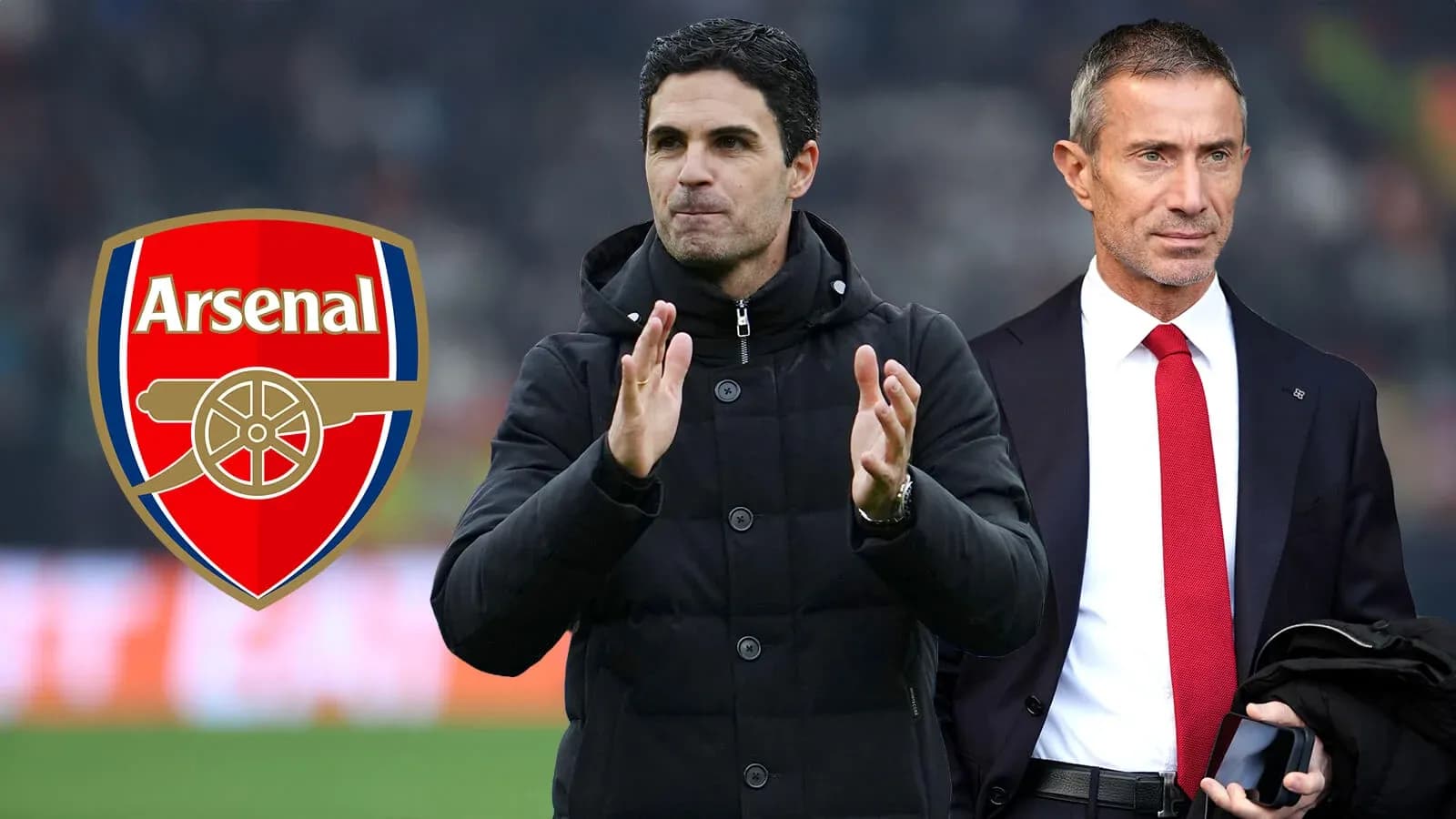 Mikel Arteta and opponent coach with Arsenal logo