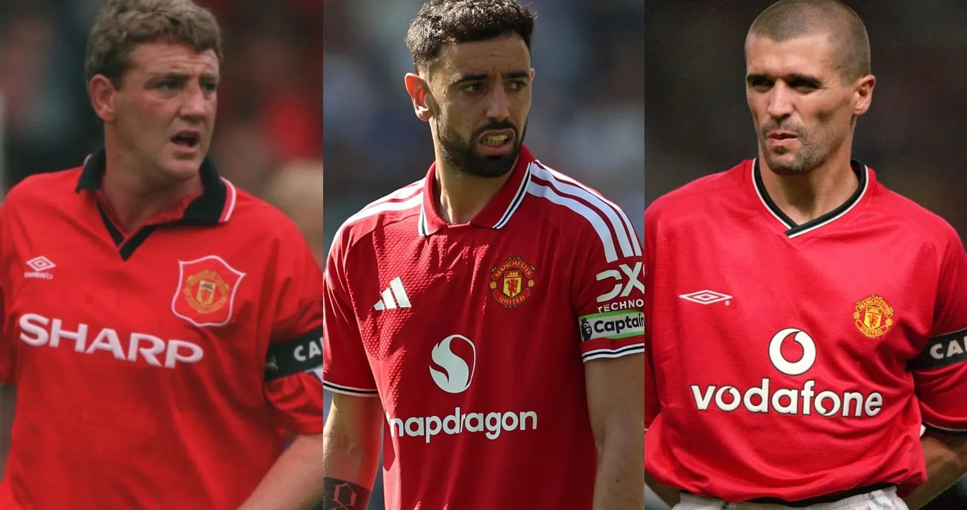 Three Manchester United captains in red jerseys