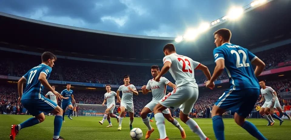 Players contesting the ball during UEFA match