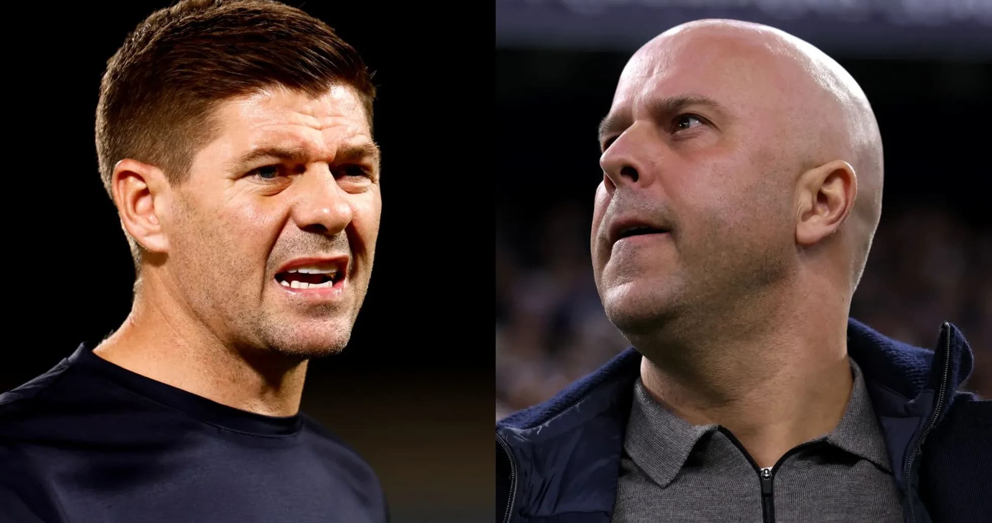 Two football managers in intense expressions during match