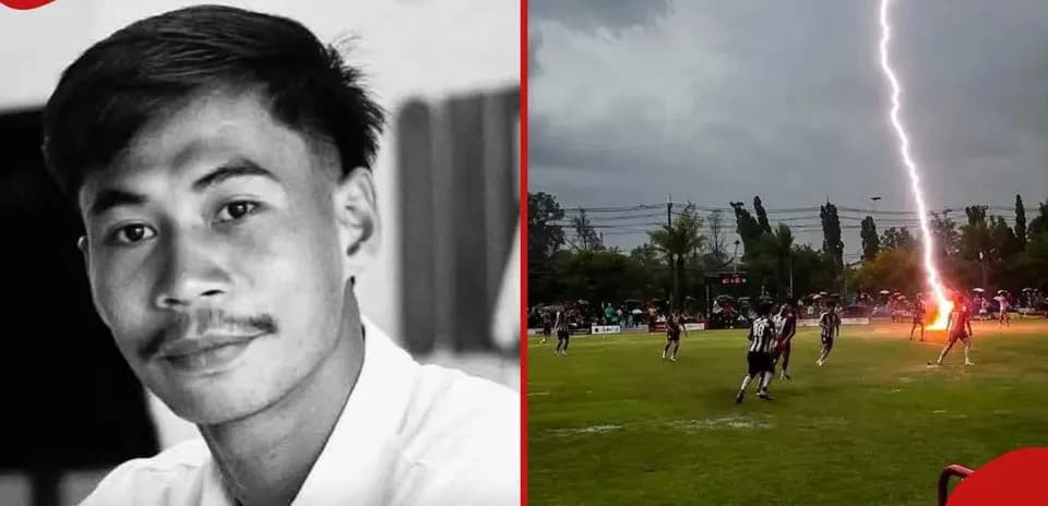 Lightning striking near players during a football match