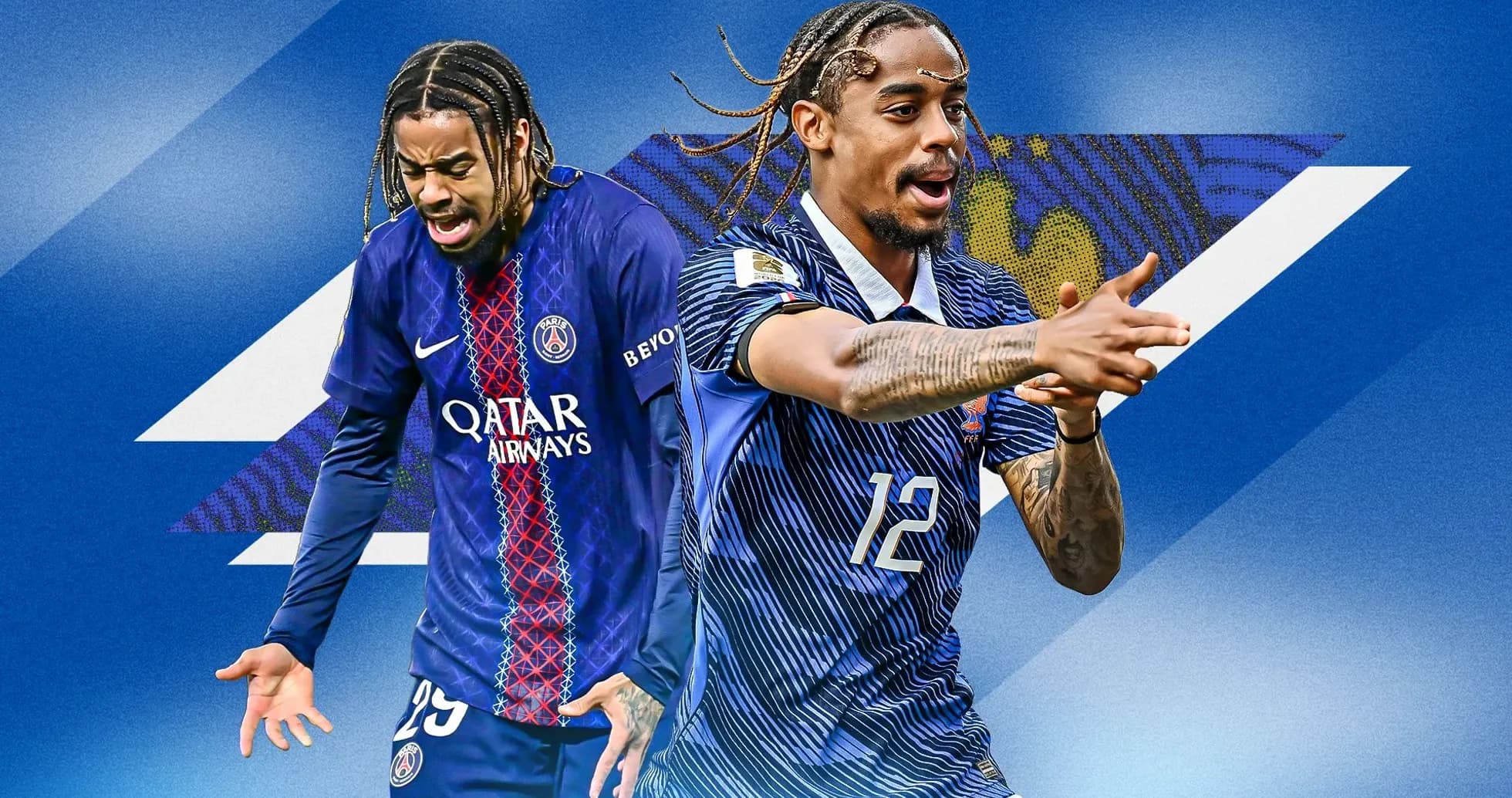 Two players in soccer kits posing against blue background