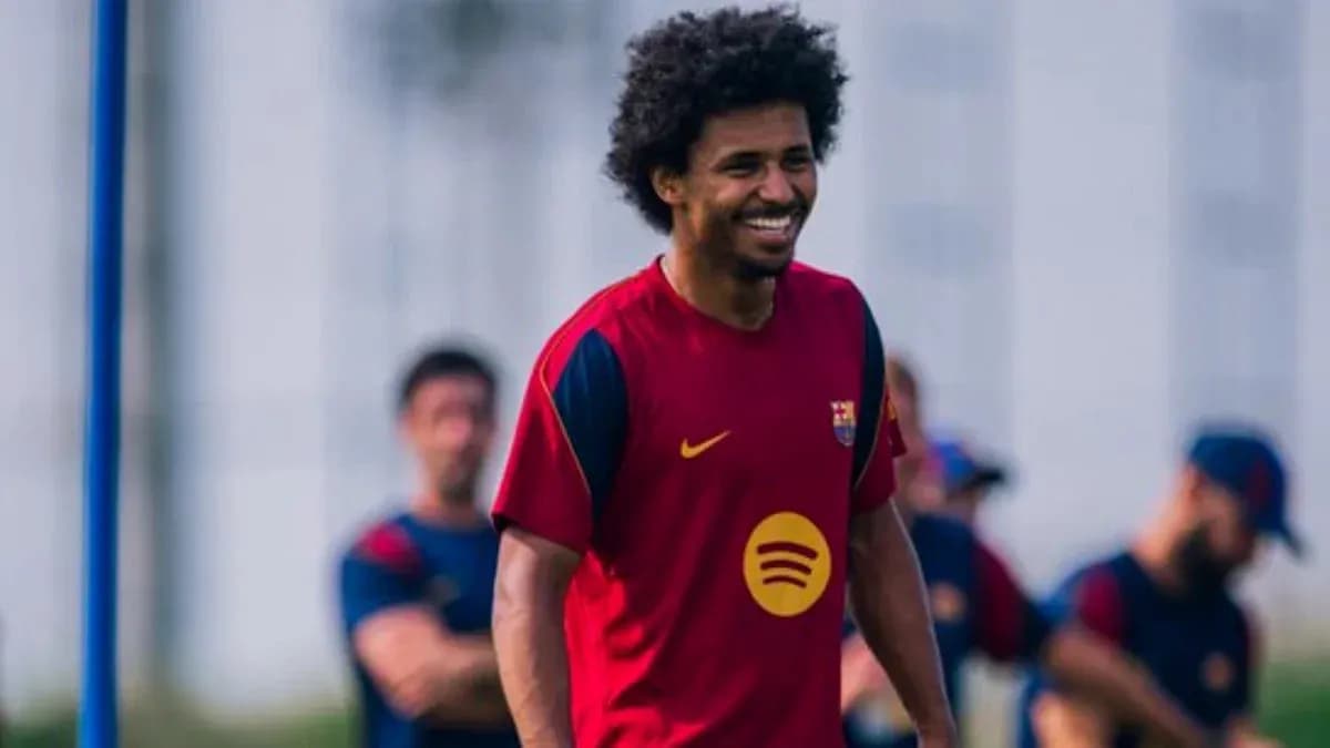 Player smiling during Barcelona training session