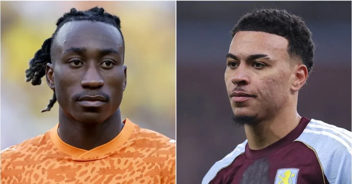 Two football players posing for a portrait