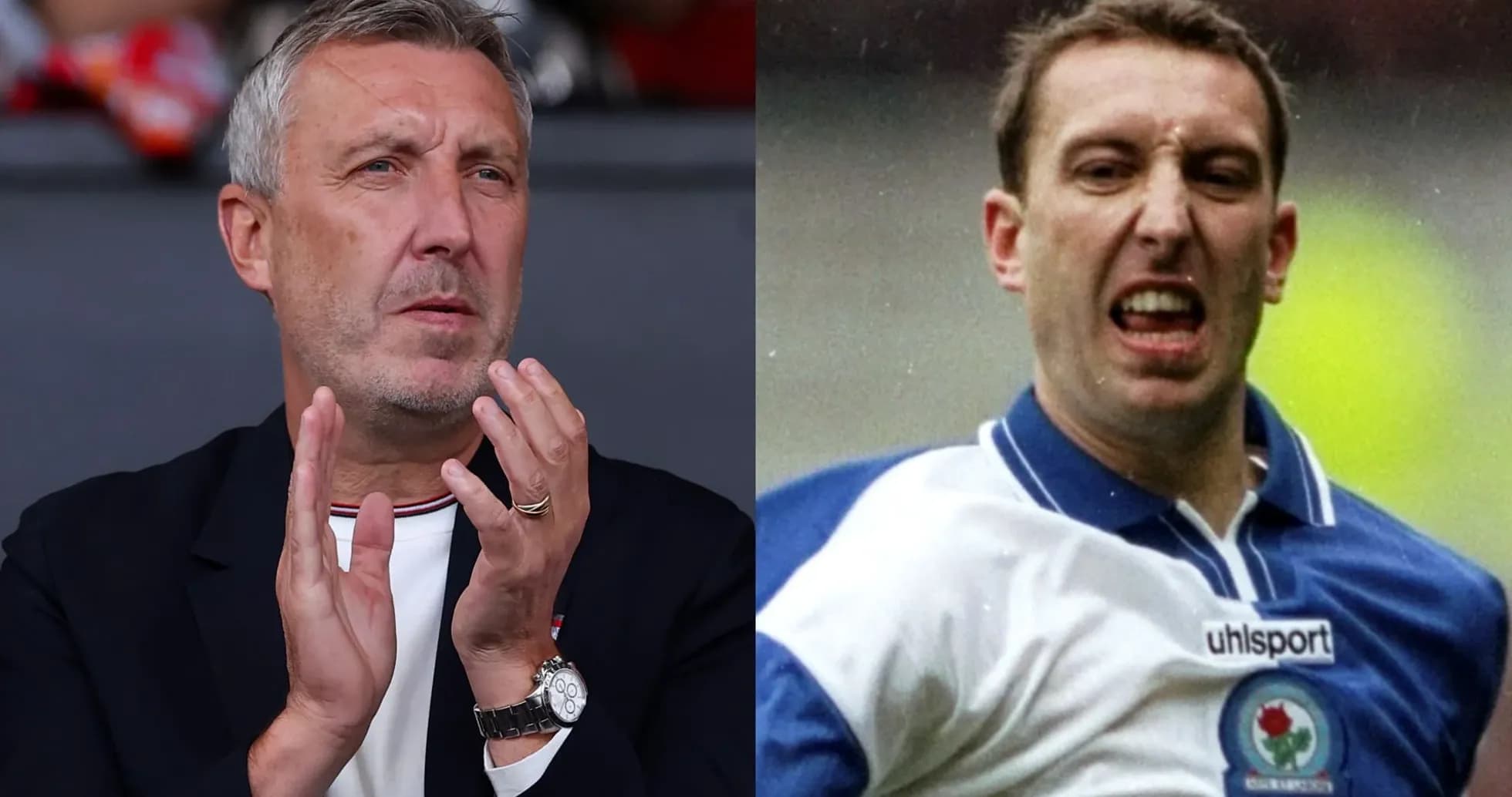 Split image of a coach clapping and a player celebrating