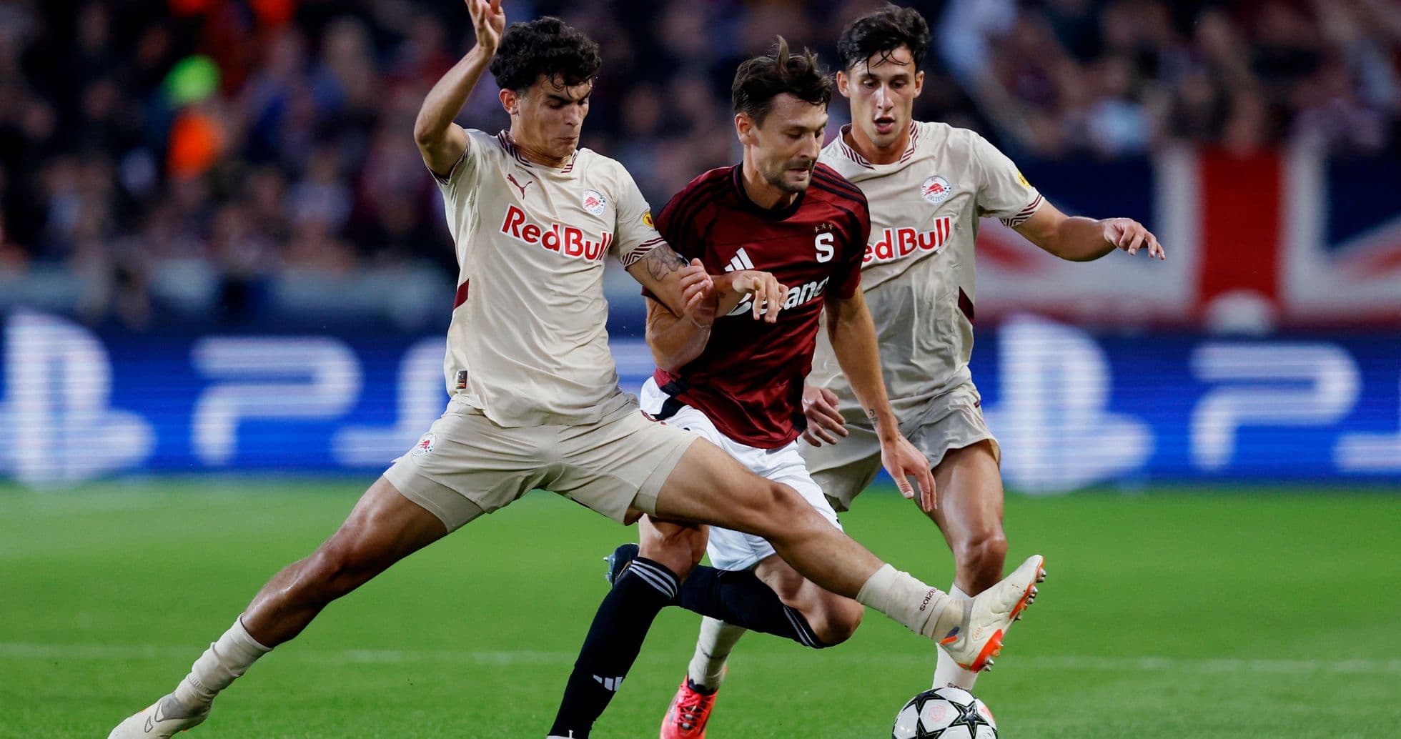 Players competing for the ball during match