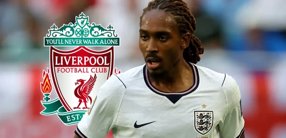 Player in England kit with Liverpool logo background