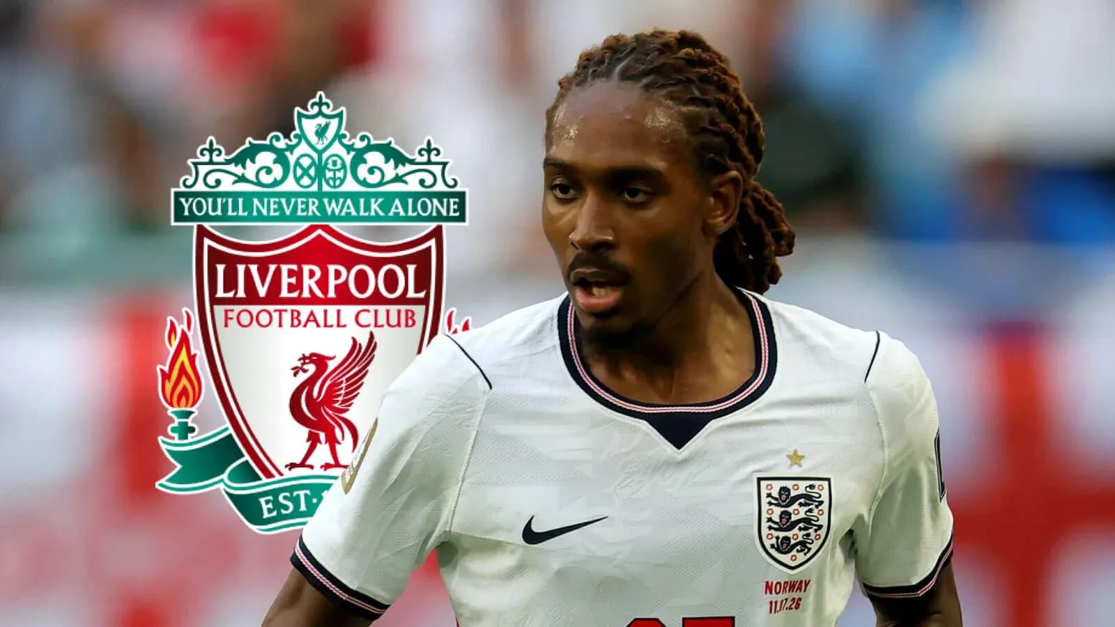 Player in England kit with Liverpool logo background
