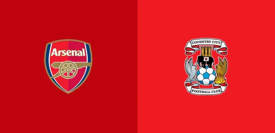 Arsenal and Coventry City club logos on red background