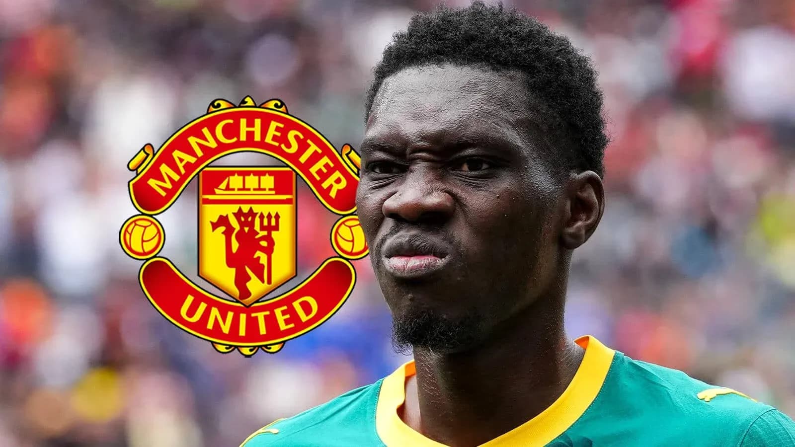 Player in Manchester United kit with logo background