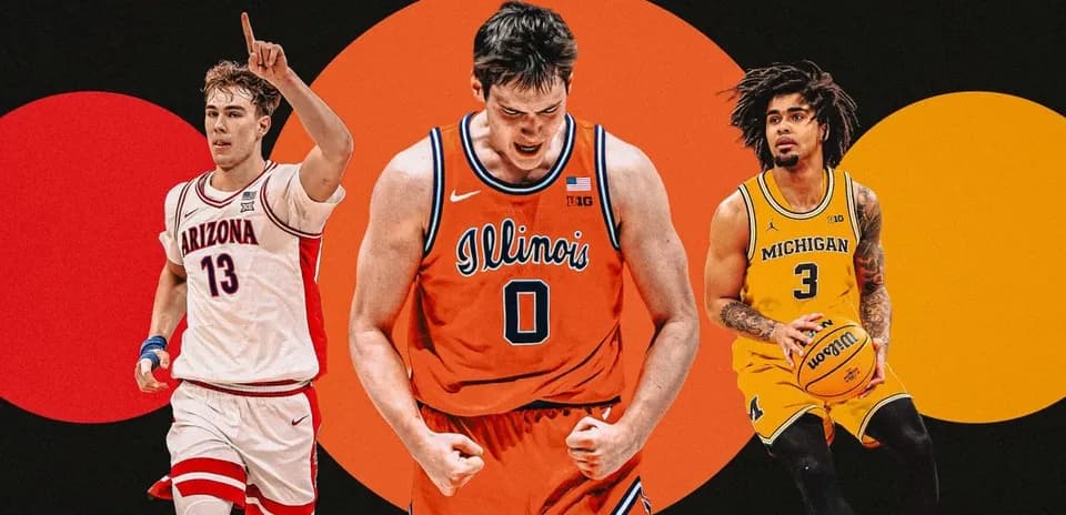 Three college basketball players in team uniforms
