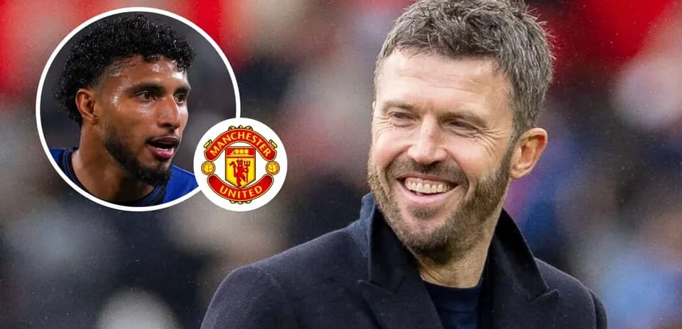 Michael Carrick smiling with Manchester United logo and player