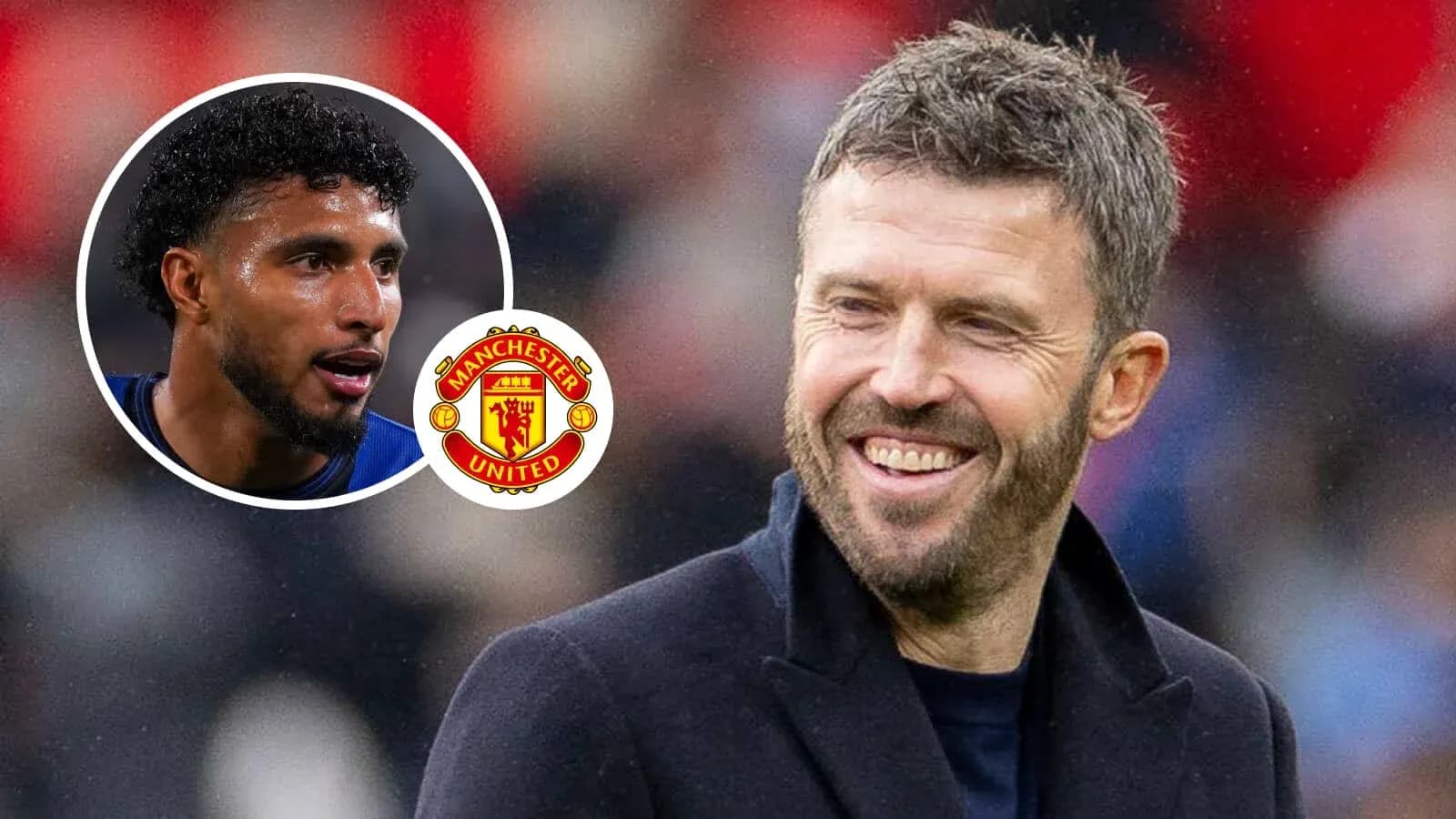 Michael Carrick smiling with Manchester United logo and player