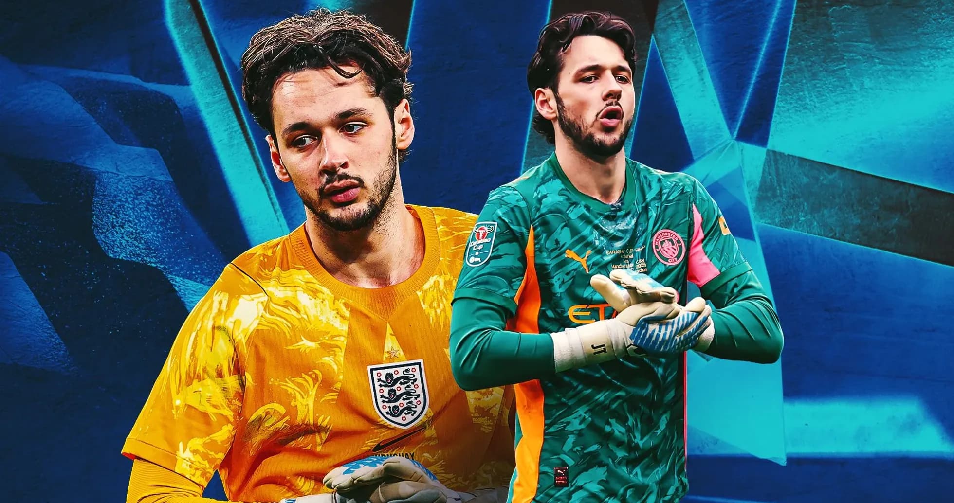 Two goalkeepers in their respective kits on background