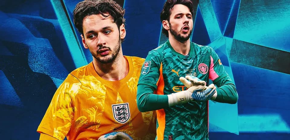Two goalkeepers in their respective kits on background